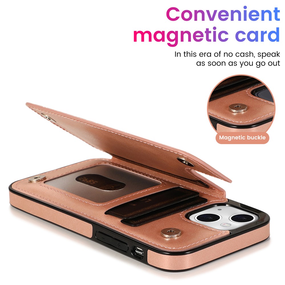 Double Magnetic Buttons PU Leather + TPU Phone Case Imprinted Mandala Flower Kickstand Card Holder Scratch-resistant Phone Cover for iPhone 13 6.1 inch - Rose Gold-10