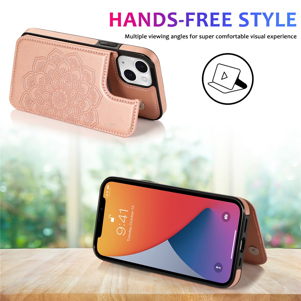 Double Magnetic Buttons PU Leather + TPU Phone Case Imprinted Mandala Flower Kickstand Card Holder Scratch-resistant Phone Cover for iPhone 13 6.1 inch - Rose Gold-5