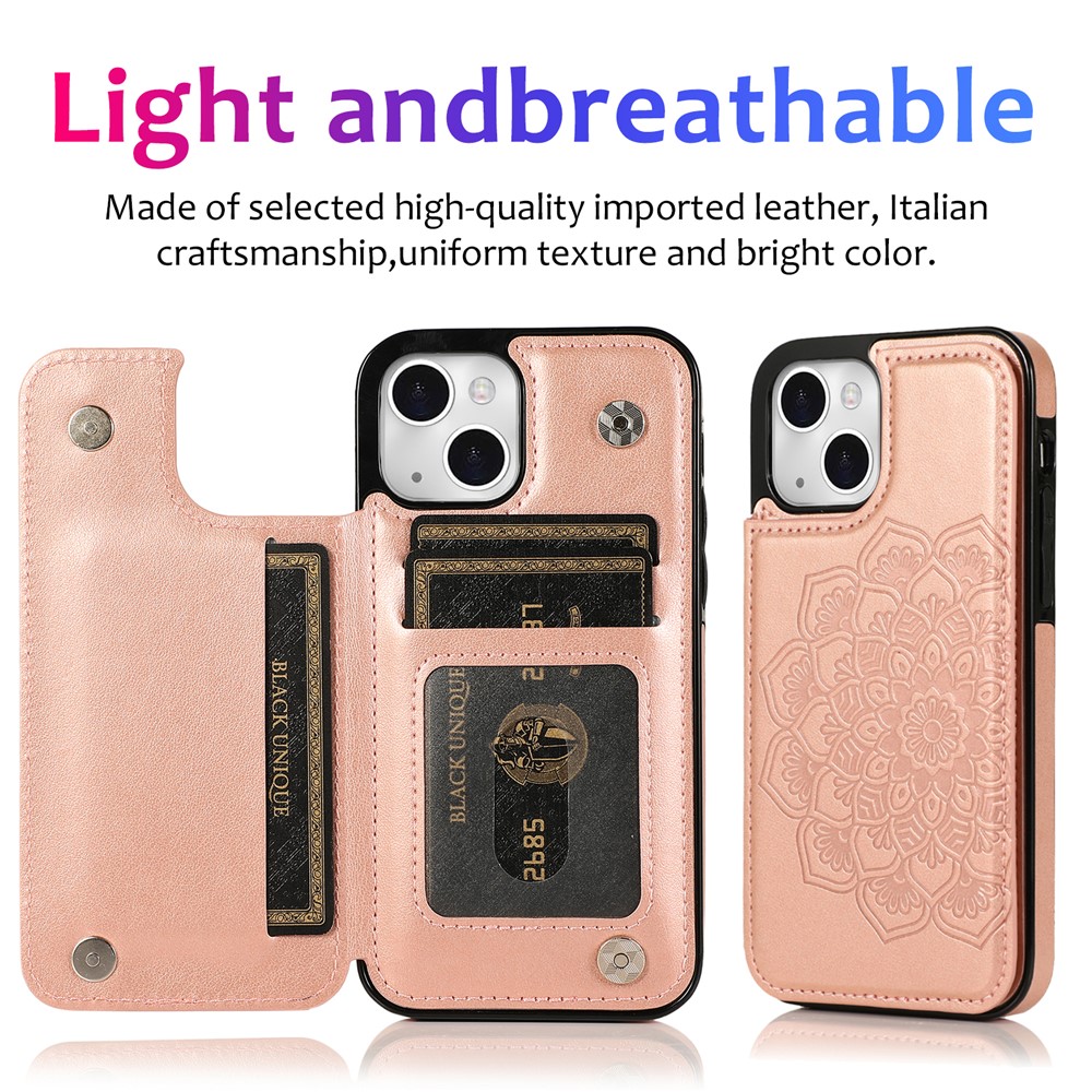 Double Magnetic Buttons PU Leather + TPU Phone Case Imprinted Mandala Flower Kickstand Card Holder Scratch-resistant Phone Cover for iPhone 13 6.1 inch - Rose Gold-7