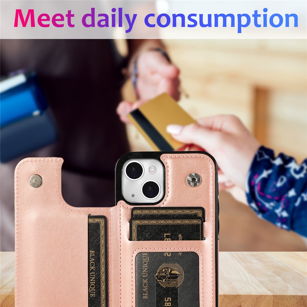 Double Magnetic Buttons PU Leather + TPU Phone Case Imprinted Mandala Flower Kickstand Card Holder Scratch-resistant Phone Cover for iPhone 13 6.1 inch - Rose Gold-8