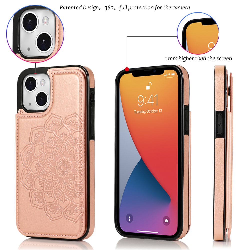 Double Magnetic Buttons PU Leather + TPU Phone Case Imprinted Mandala Flower Kickstand Card Holder Scratch-resistant Phone Cover for iPhone 13 6.1 inch - Rose Gold-9