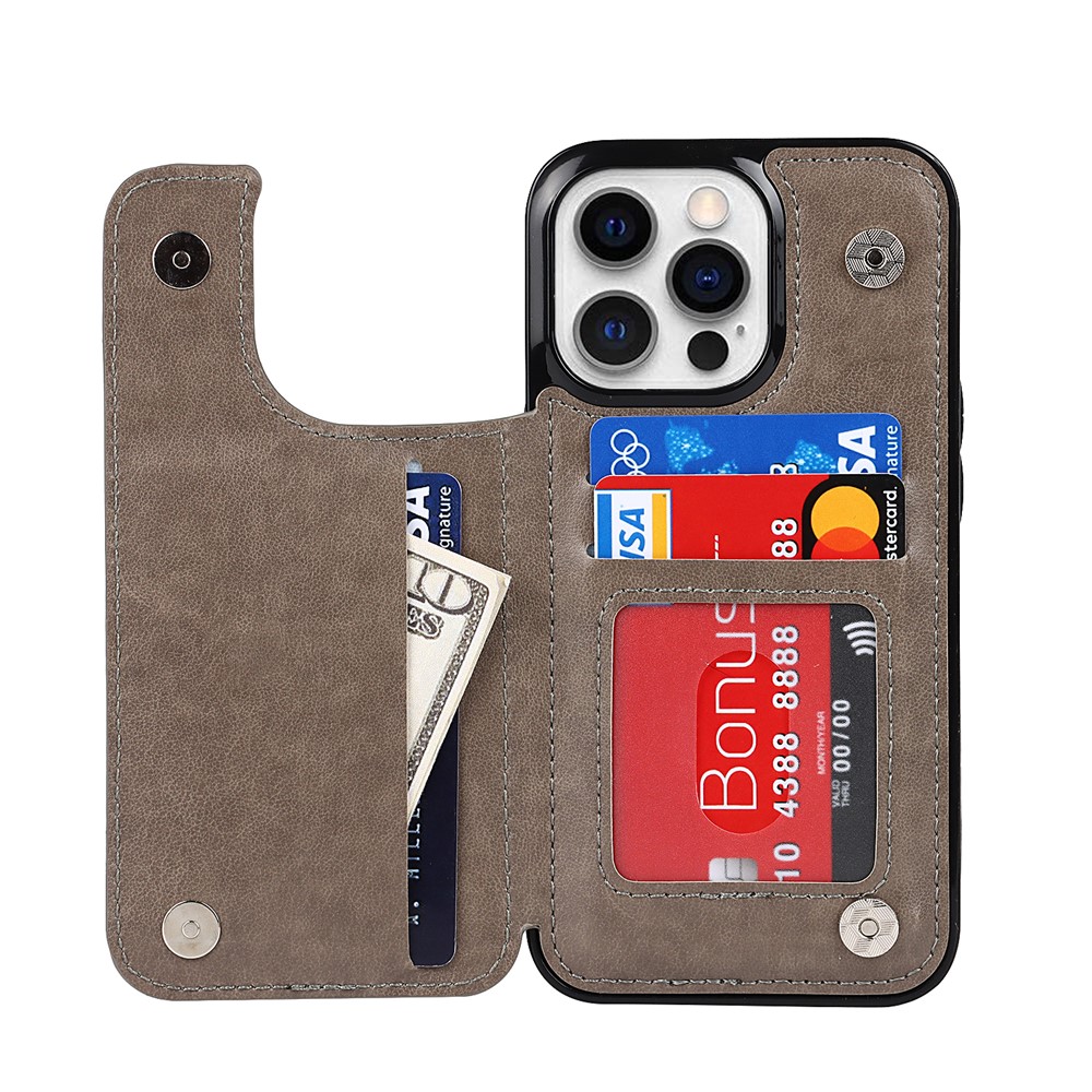 High-quality PU Leather Coated TPU Phone Case Double Magnetic Buttons Imprinted Mandala Flower Kickstand Card Holder Scratch-resistant Phone Cover for iPhone 13 Pro 6.1 inch - Grey-1