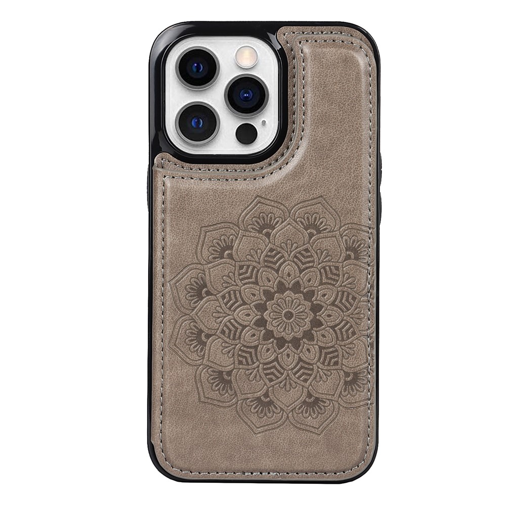 High-quality PU Leather Coated TPU Phone Case Double Magnetic Buttons Imprinted Mandala Flower Kickstand Card Holder Scratch-resistant Phone Cover for iPhone 13 Pro 6.1 inch - Grey-2