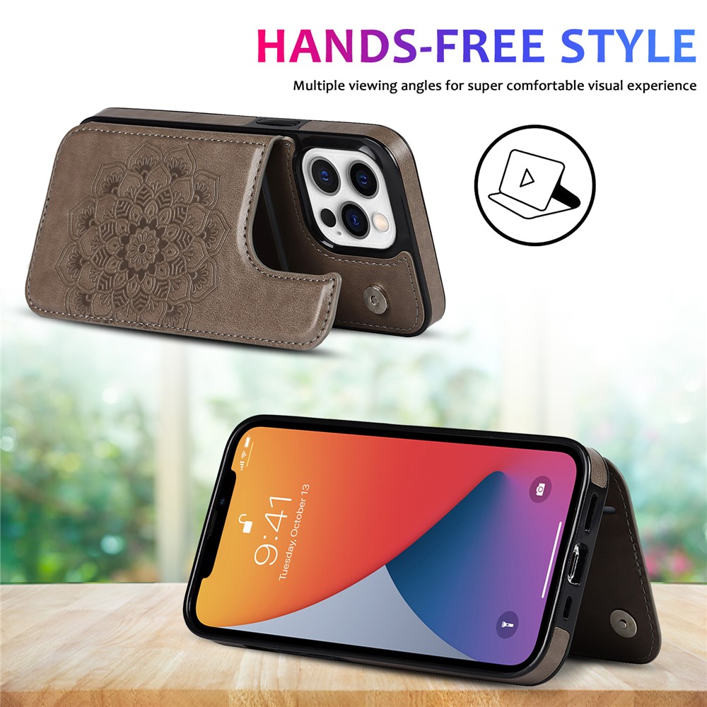 High-quality PU Leather Coated TPU Phone Case Double Magnetic Buttons Imprinted Mandala Flower Kickstand Card Holder Scratch-resistant Phone Cover for iPhone 13 Pro 6.1 inch - Grey-5