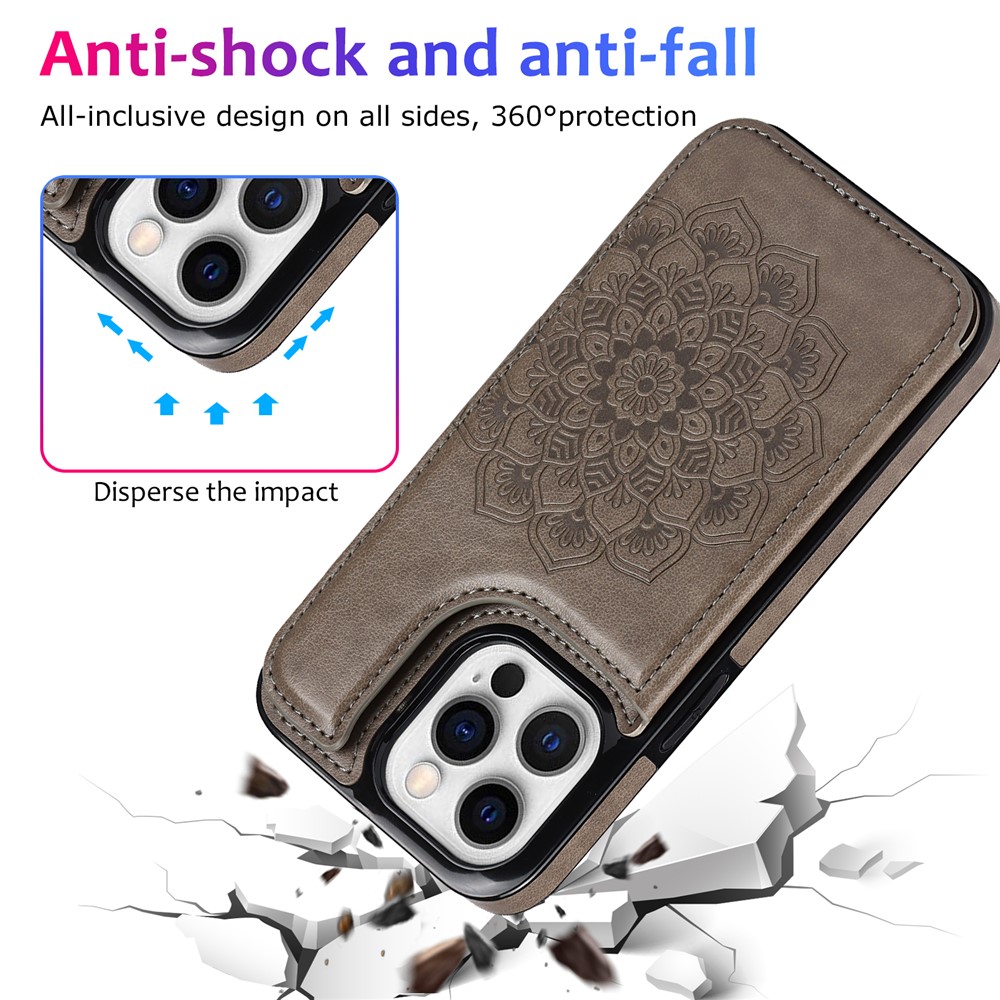 High-quality PU Leather Coated TPU Phone Case Double Magnetic Buttons Imprinted Mandala Flower Kickstand Card Holder Scratch-resistant Phone Cover for iPhone 13 Pro 6.1 inch - Grey-6