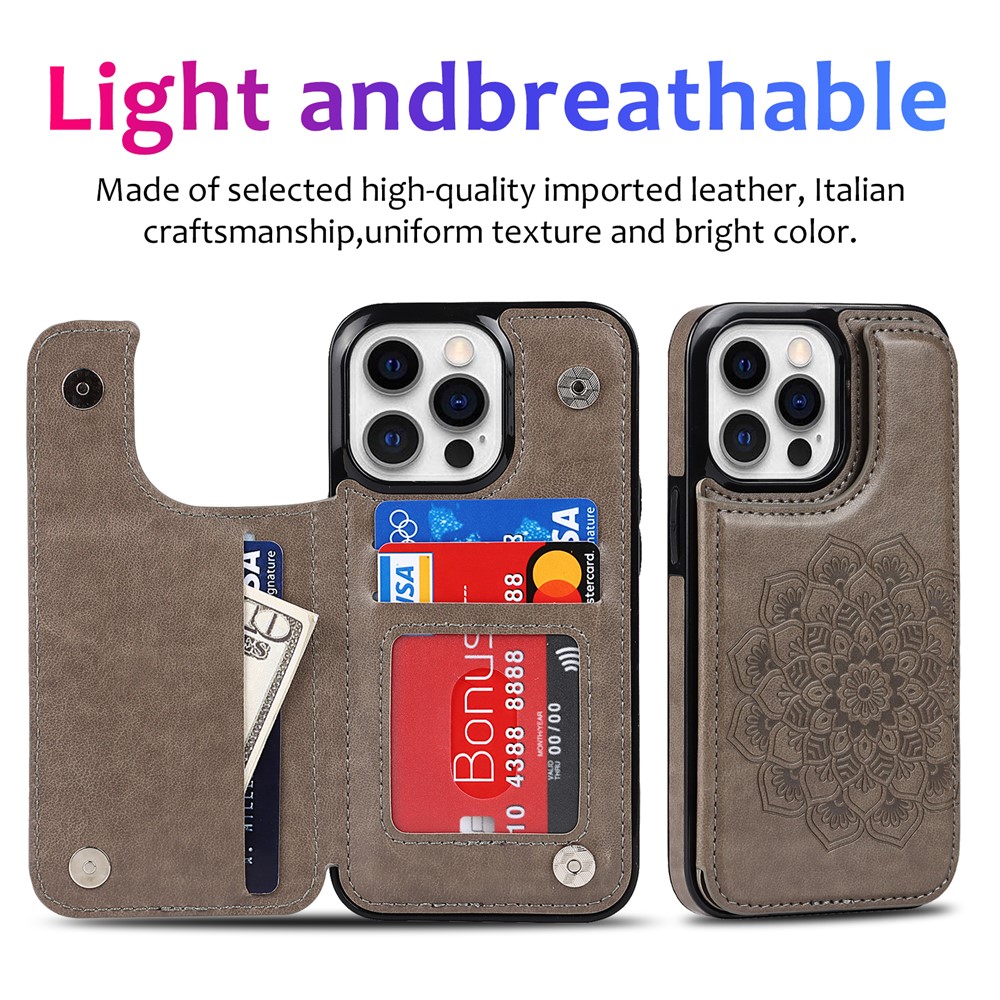 High-quality PU Leather Coated TPU Phone Case Double Magnetic Buttons Imprinted Mandala Flower Kickstand Card Holder Scratch-resistant Phone Cover for iPhone 13 Pro 6.1 inch - Grey-7