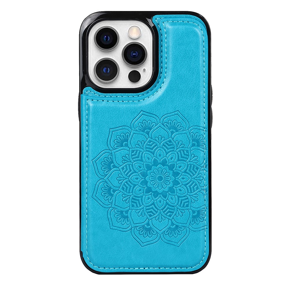Mandala Flower PU Leather Coated TPU Phone Case Double Magnetic Buttons Kickstand Card Holder Scratch-resistant Phone Cover for iPhone 13 Pro Max 6.7 inch - Blue-2