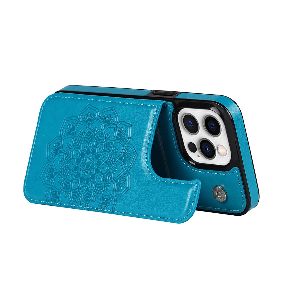 Mandala Flower PU Leather Coated TPU Phone Case Double Magnetic Buttons Kickstand Card Holder Scratch-resistant Phone Cover for iPhone 13 Pro Max 6.7 inch - Blue-3