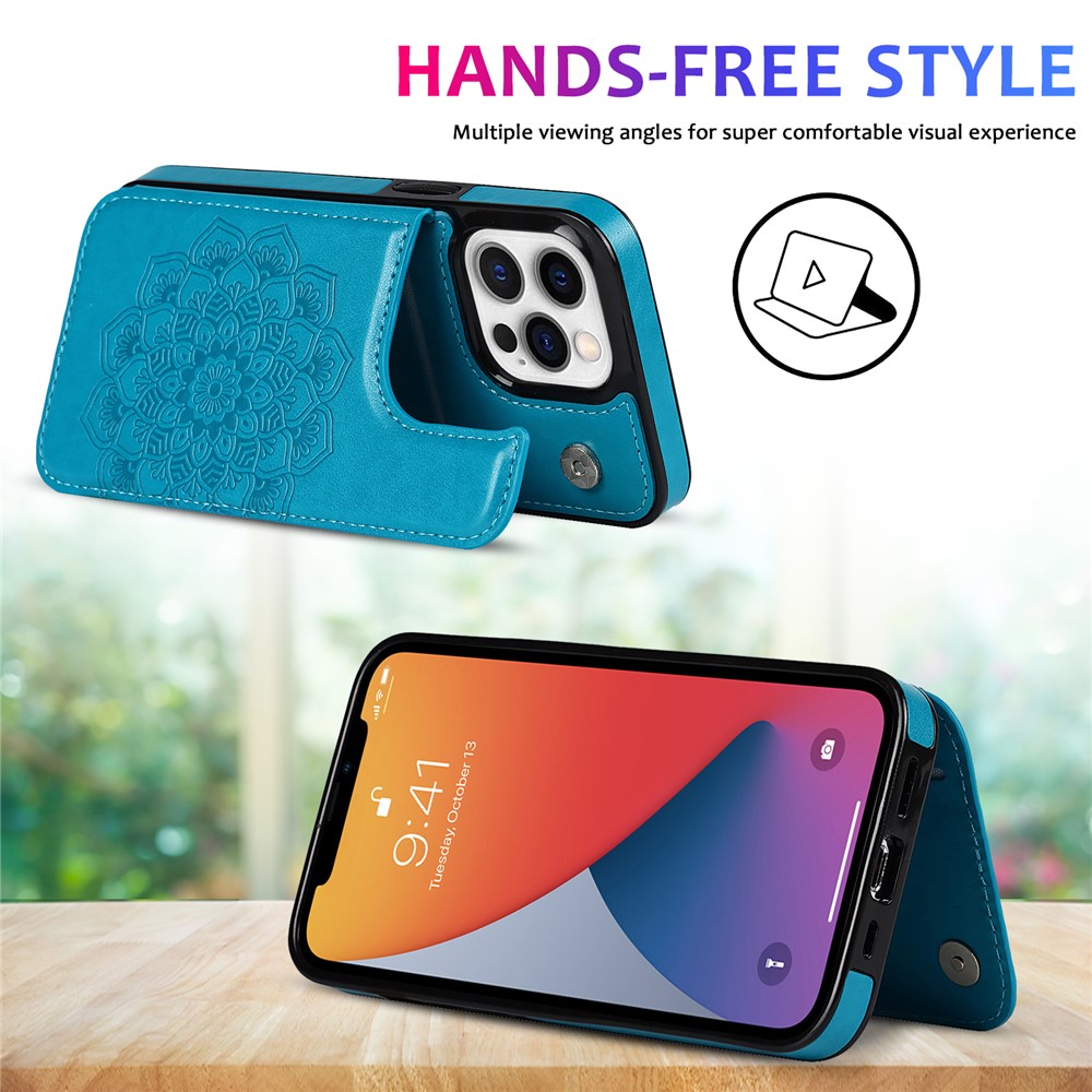 Mandala Flower PU Leather Coated TPU Phone Case Double Magnetic Buttons Kickstand Card Holder Scratch-resistant Phone Cover for iPhone 13 Pro Max 6.7 inch - Blue-5