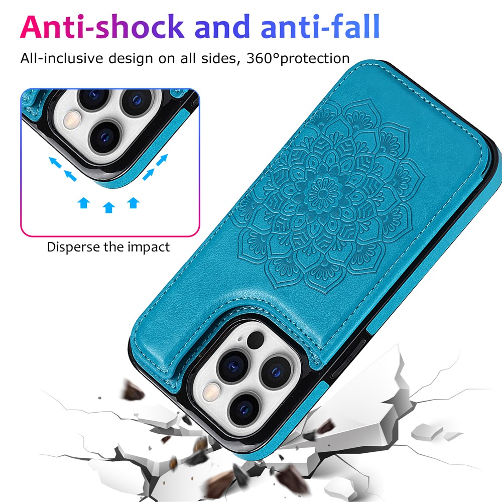 Mandala Flower PU Leather Coated TPU Phone Case Double Magnetic Buttons Kickstand Card Holder Scratch-resistant Phone Cover for iPhone 13 Pro Max 6.7 inch - Blue-6