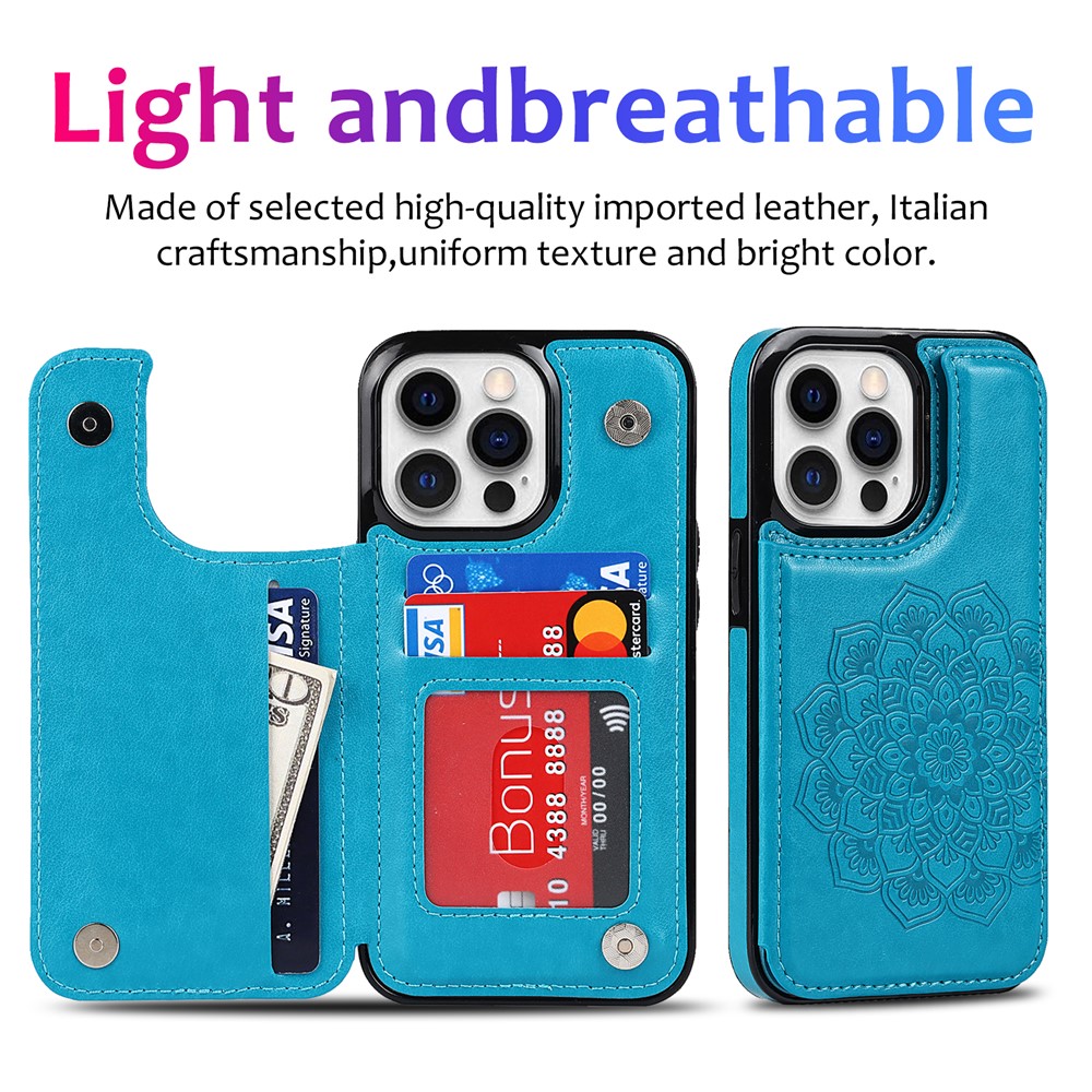 Mandala Flower PU Leather Coated TPU Phone Case Double Magnetic Buttons Kickstand Card Holder Scratch-resistant Phone Cover for iPhone 13 Pro Max 6.7 inch - Blue-7