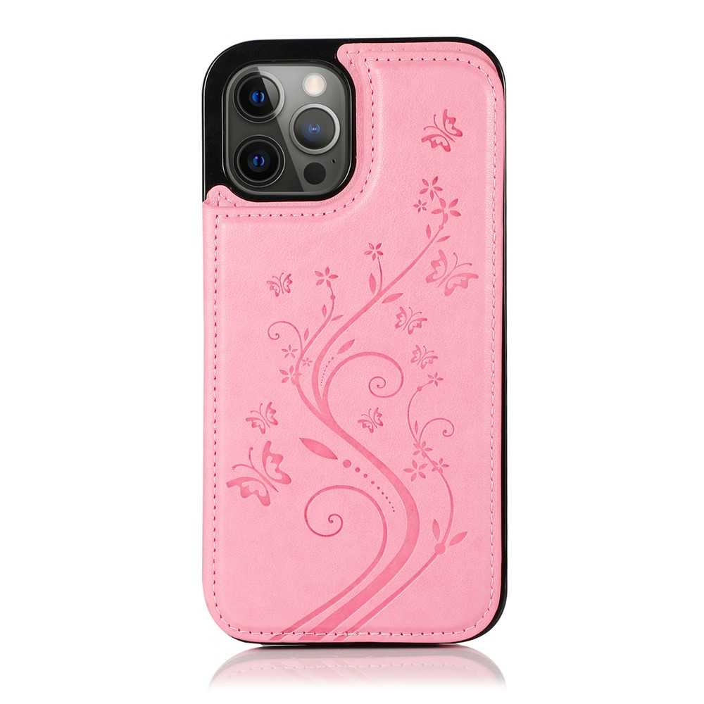 Imprinted Flower Kickstand Card Holder Scratch-resistant PU Leather Coated TPU Protective Case Phone Cover for iPhone 13 Pro Max 6.7 inch - Pink-2