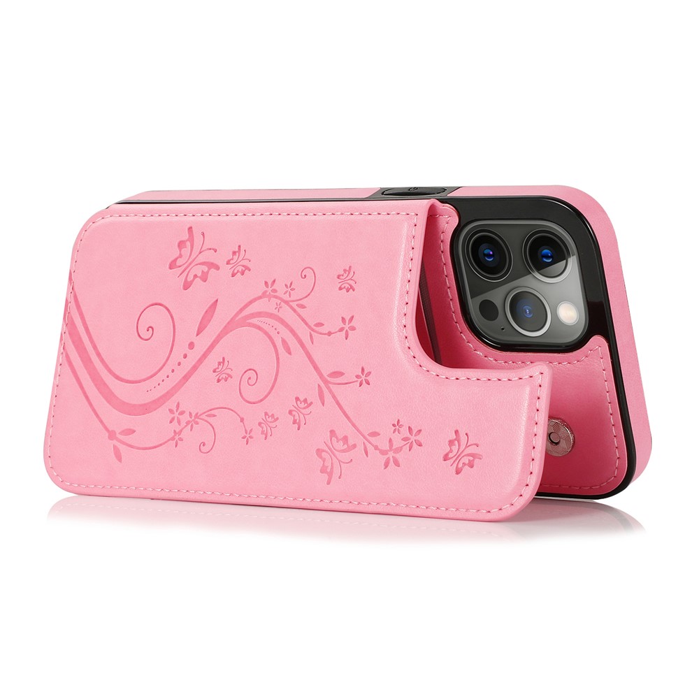 Imprinted Flower Kickstand Card Holder Scratch-resistant PU Leather Coated TPU Protective Case Phone Cover for iPhone 13 Pro Max 6.7 inch - Pink-3
