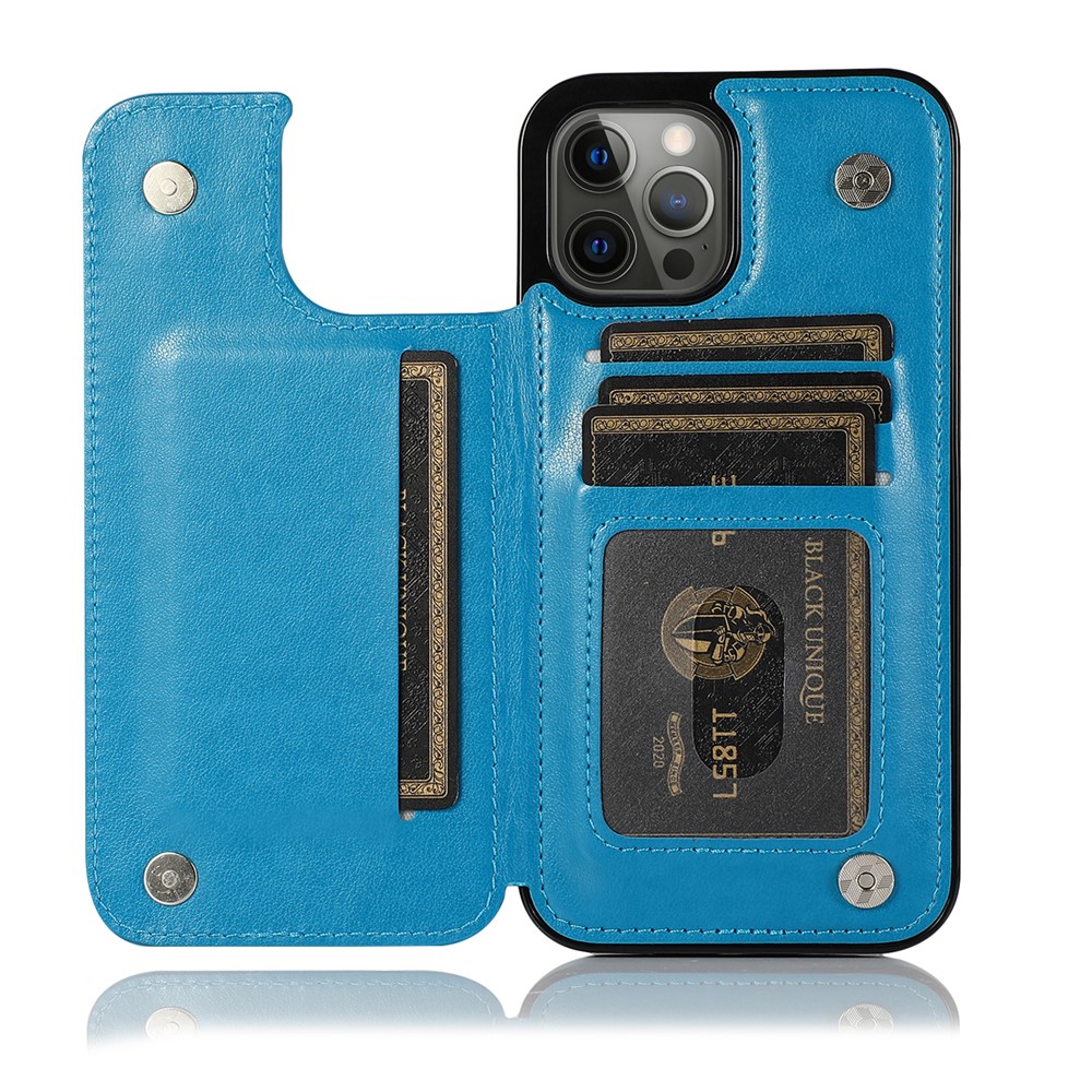 PU Leather Coated TPU Phone Case Double Magnetic Buttons Imprinted Flower Kickstand Card Holder Scratch-resistant Phone Cover for iPhone 13 Pro 6.1 inch - Dark Blue-1