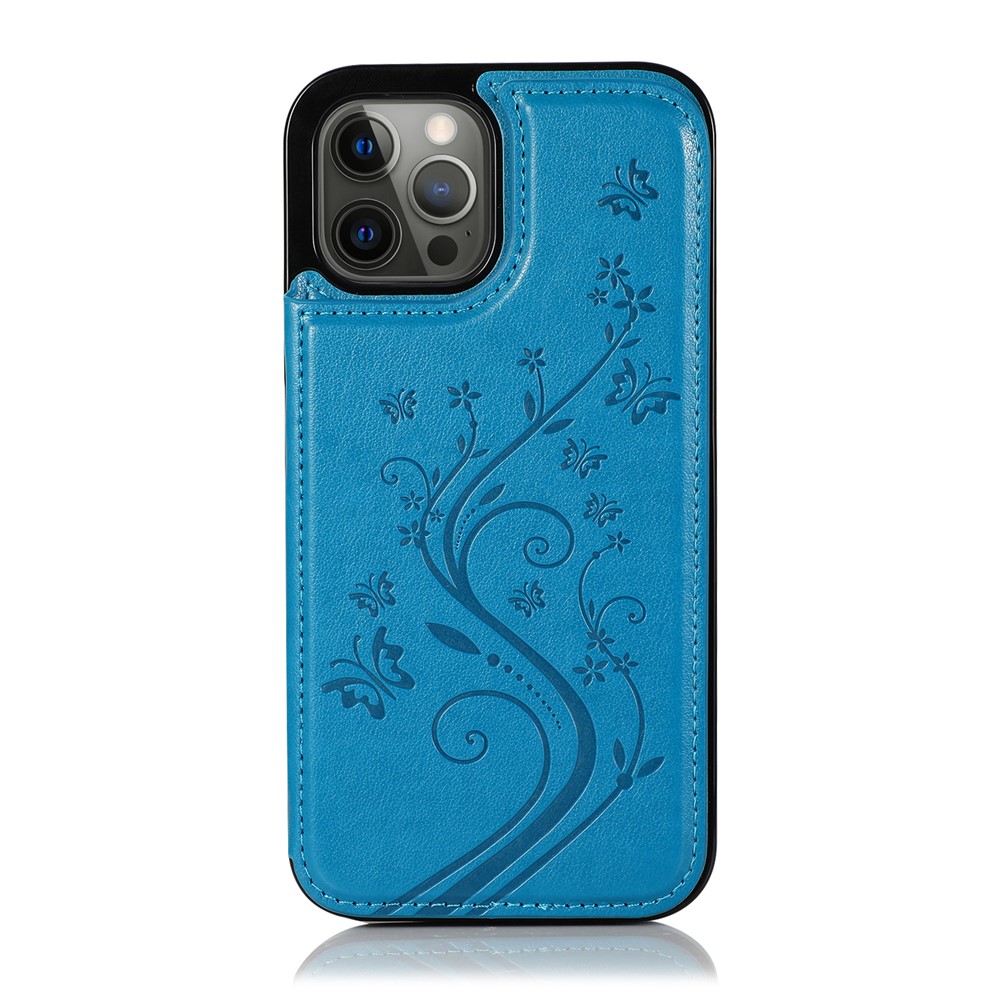 PU Leather Coated TPU Phone Case Double Magnetic Buttons Imprinted Flower Kickstand Card Holder Scratch-resistant Phone Cover for iPhone 13 Pro 6.1 inch - Dark Blue-2
