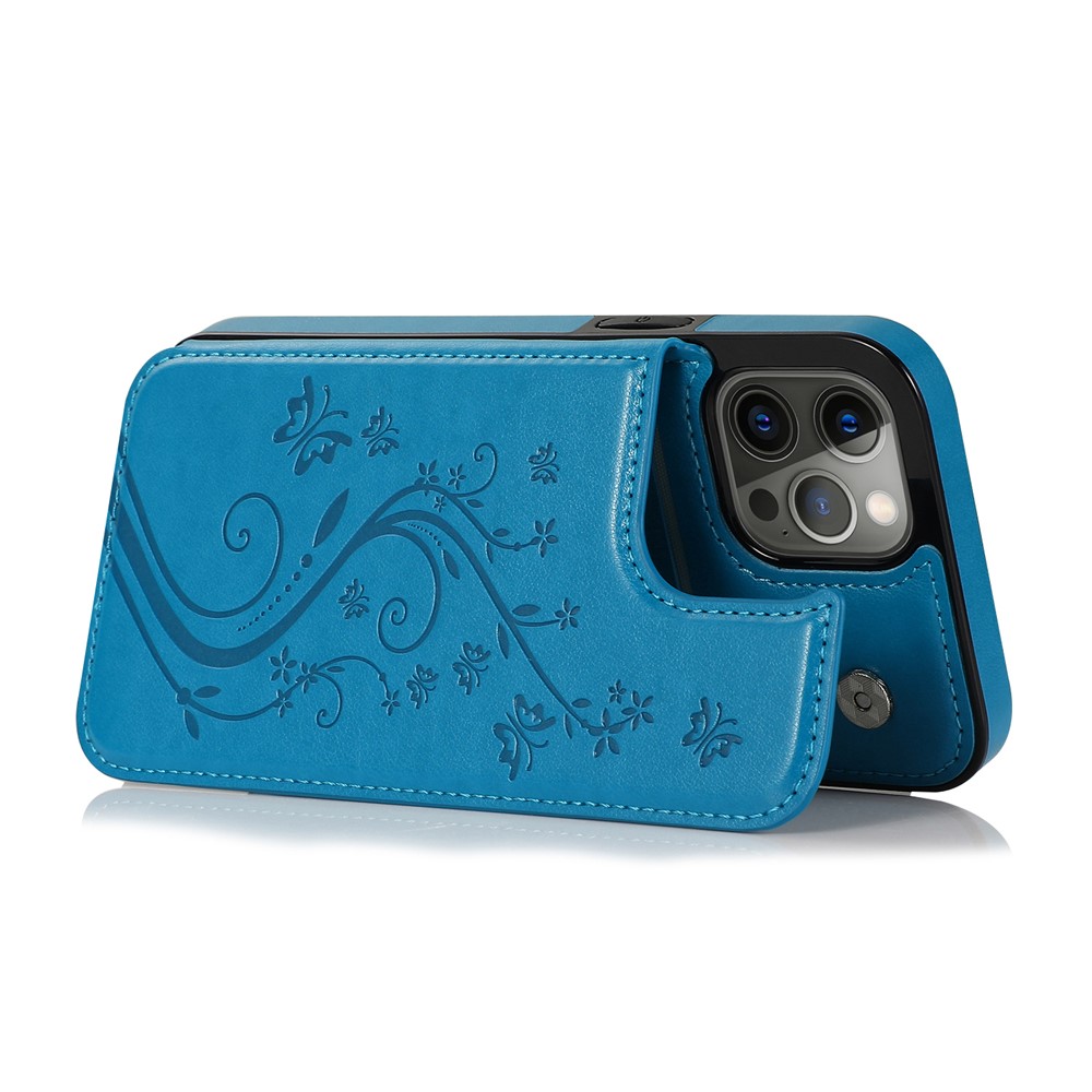 PU Leather Coated TPU Phone Case Double Magnetic Buttons Imprinted Flower Kickstand Card Holder Scratch-resistant Phone Cover for iPhone 13 Pro 6.1 inch - Dark Blue-3