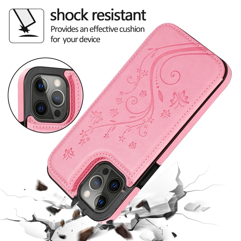 PU Leather Coated TPU Phone Case Double Magnetic Buttons Imprinted Flower Kickstand Card Holder Scratch-resistant Phone Cover for iPhone 13 Pro 6.1 inch - Dark Blue-5