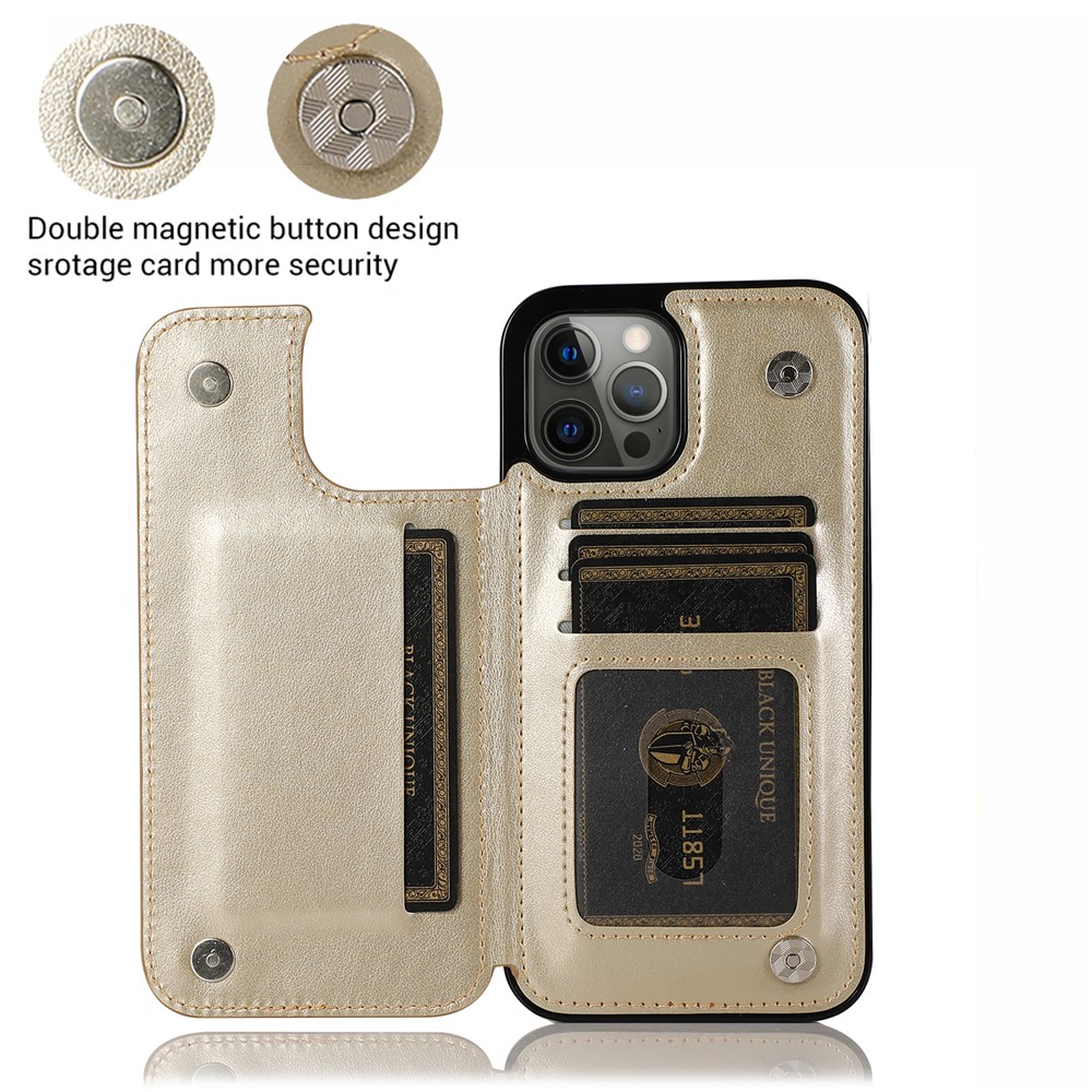 PU Leather Coated TPU Phone Case Double Magnetic Buttons Imprinted Flower Kickstand Card Holder Scratch-resistant Phone Cover for iPhone 13 Pro 6.1 inch - Dark Blue-8
