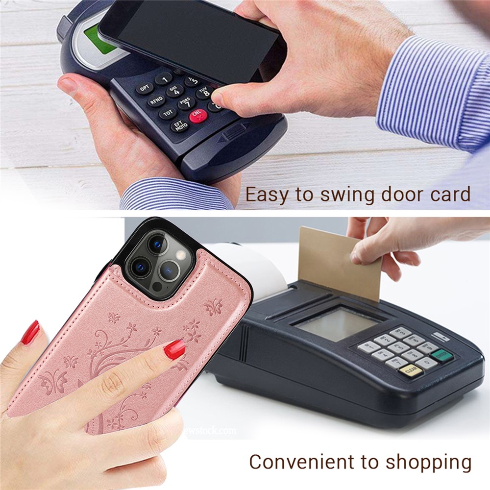 PU Leather Coated TPU Phone Case Double Magnetic Buttons Imprinted Flower Kickstand Card Holder Scratch-resistant Phone Cover for iPhone 13 Pro 6.1 inch - Dark Blue-9