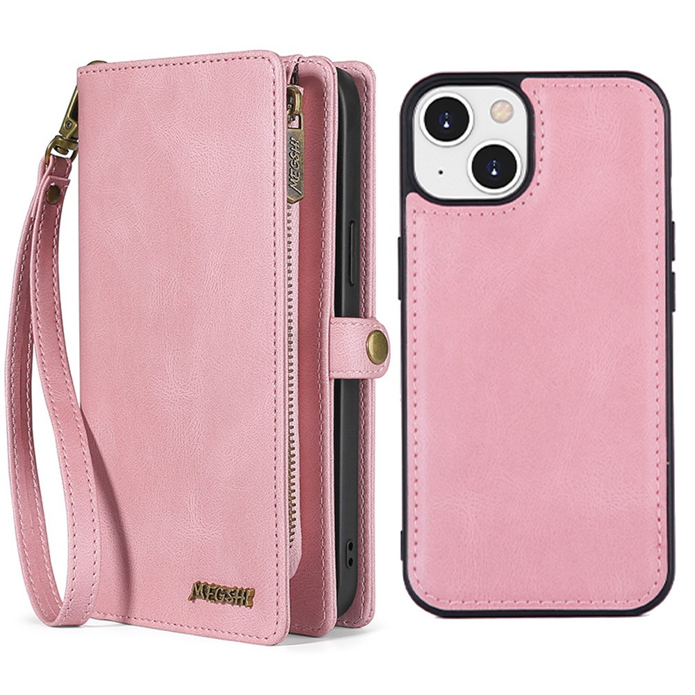 MEGSHI 017 Series Handy Strap Magnetic Absorption Zippered Wallet Scratch-resistant Well-protected Detachable Leather Cover for iPhone 13 6.1 inch - Rose Gold-1
