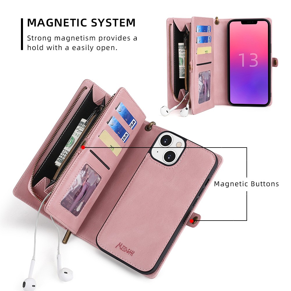MEGSHI 017 Series Handy Strap Magnetic Absorption Zippered Wallet Scratch-resistant Well-protected Detachable Leather Cover for iPhone 13 6.1 inch - Rose Gold-2