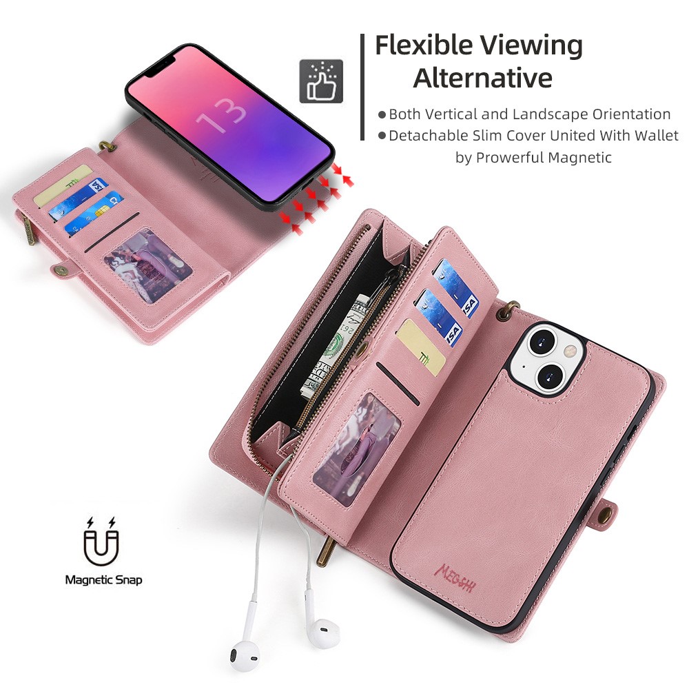 MEGSHI 017 Series Handy Strap Magnetic Absorption Zippered Wallet Scratch-resistant Well-protected Detachable Leather Cover for iPhone 13 6.1 inch - Rose Gold-3