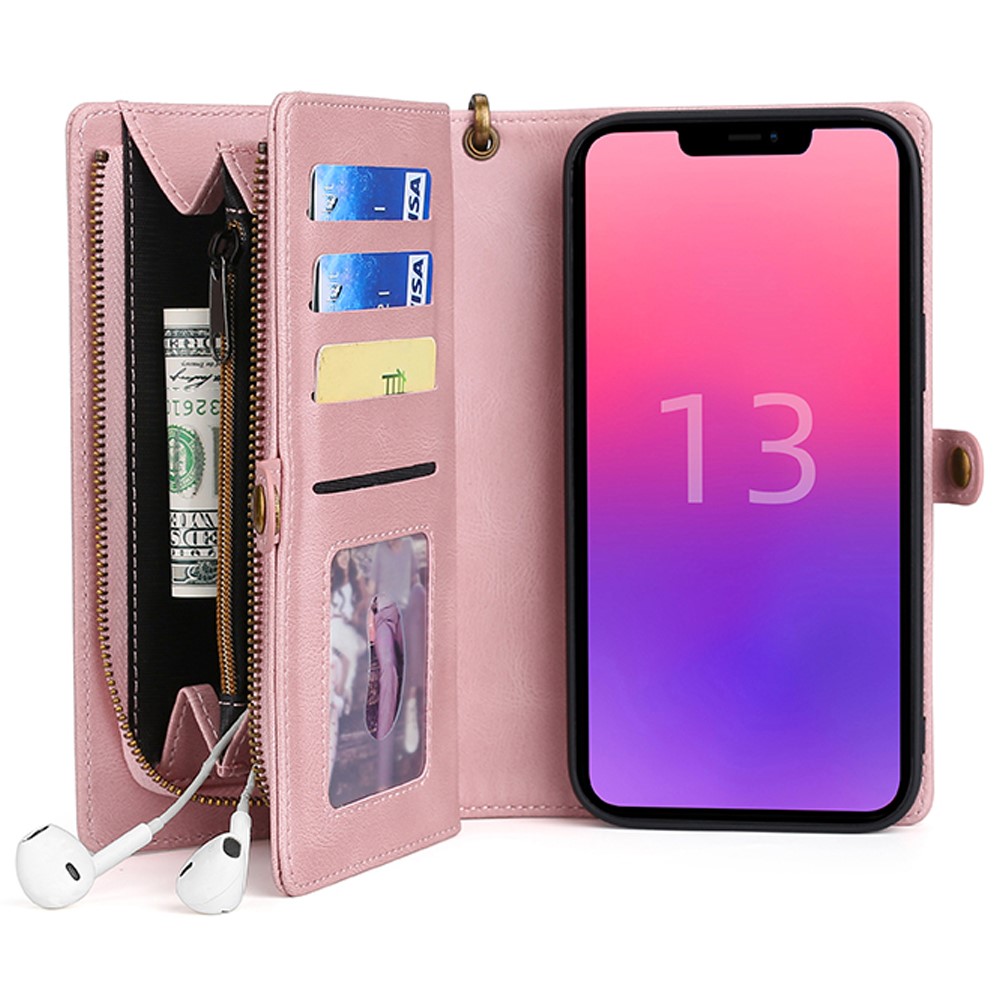 MEGSHI 017 Series Handy Strap Magnetic Absorption Zippered Wallet Scratch-resistant Well-protected Detachable Leather Cover for iPhone 13 6.1 inch - Rose Gold-5