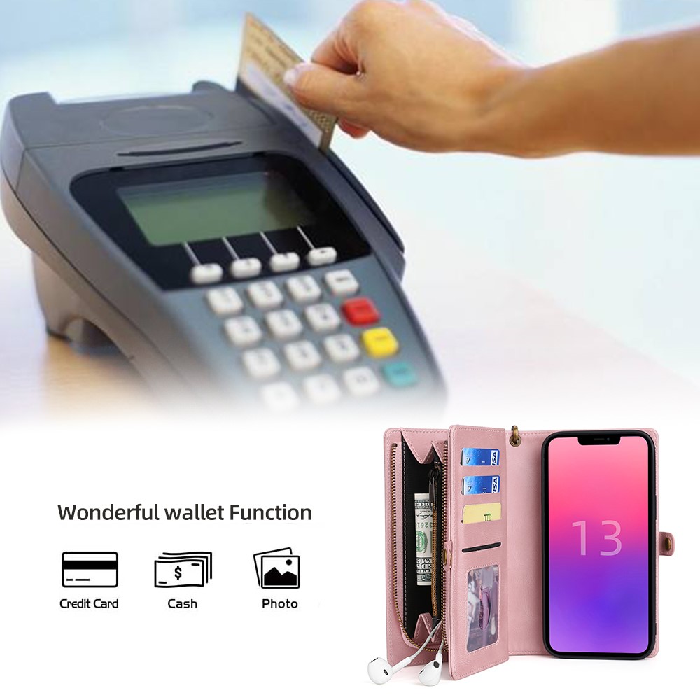 MEGSHI 017 Series Handy Strap Magnetic Absorption Zippered Wallet Scratch-resistant Well-protected Detachable Leather Cover for iPhone 13 6.1 inch - Rose Gold-6