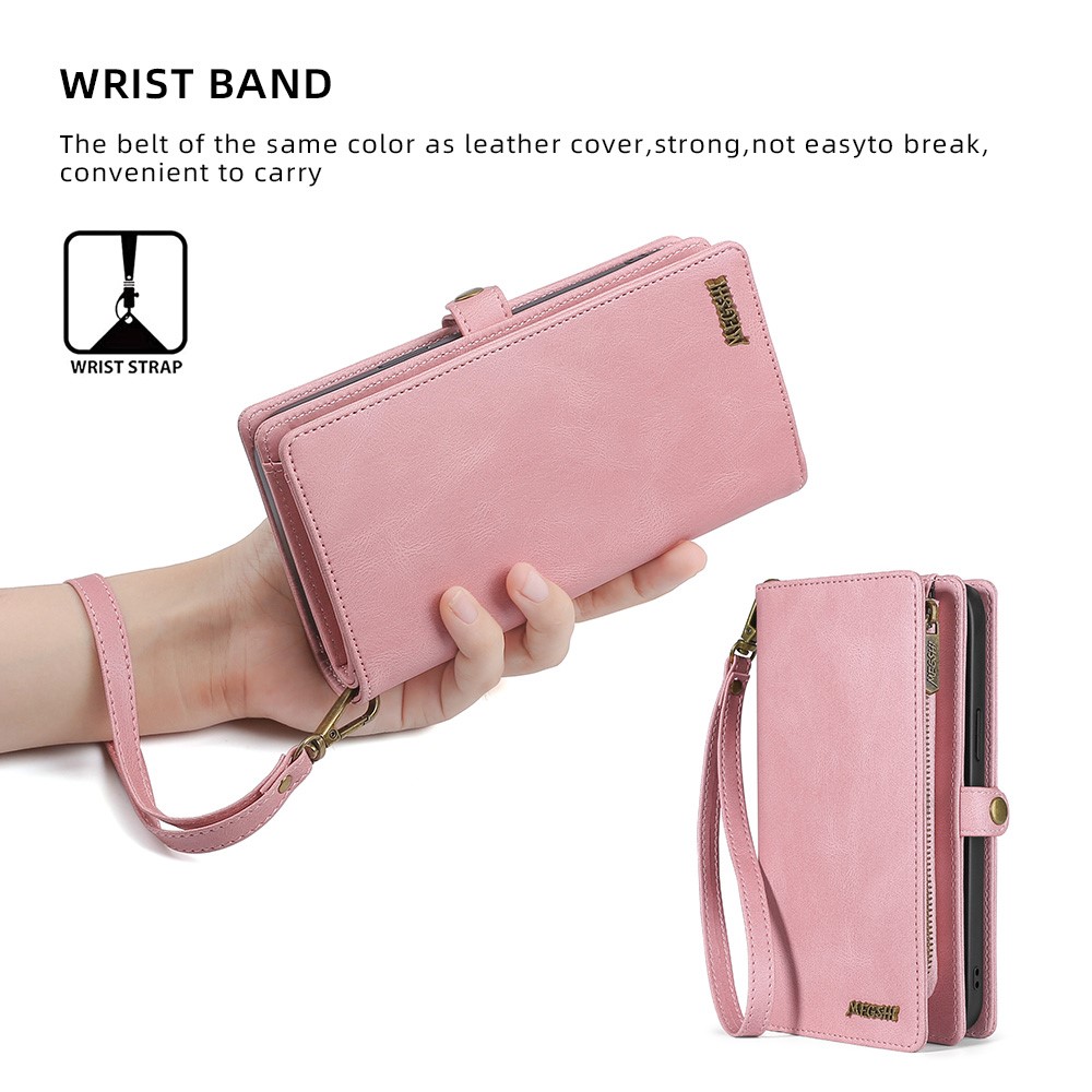 MEGSHI 017 Series Handy Strap Magnetic Absorption Zippered Wallet Scratch-resistant Well-protected Detachable Leather Cover for iPhone 13 6.1 inch - Rose Gold-7