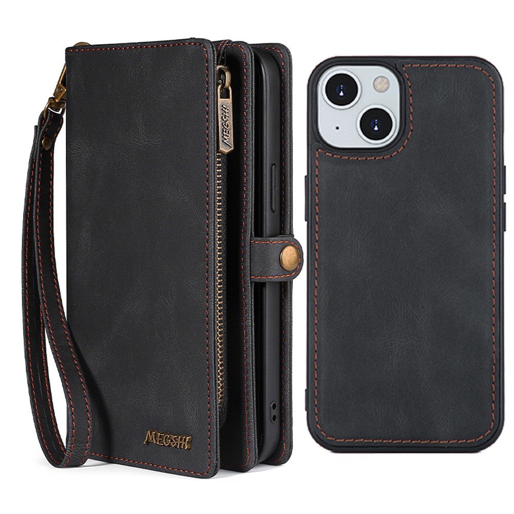 MEGSHI 017 Series Handy Strap All-round Protection Stylish Magnetic Absorption Zippered Wallet Detachable Leather Case for iPhone 13 mini 5.4 inch - Black-1