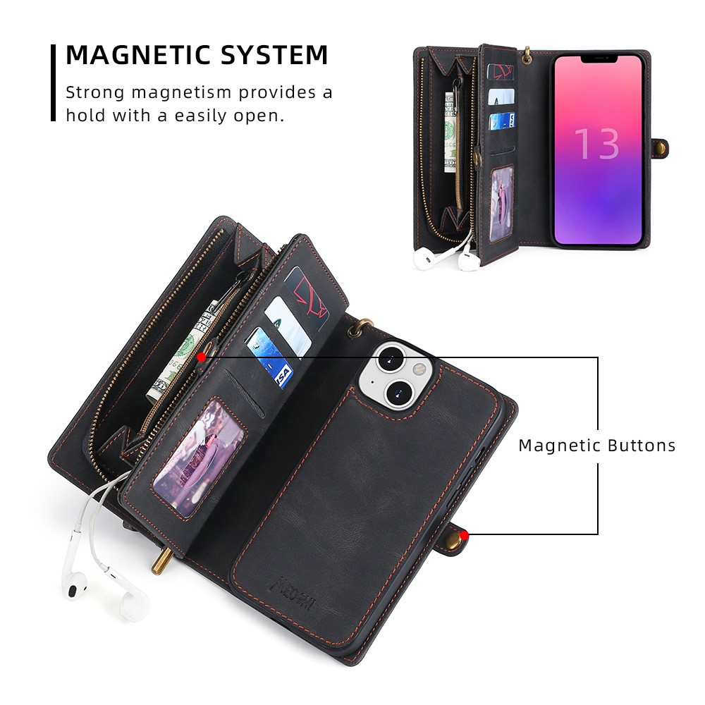 MEGSHI 017 Series Handy Strap All-round Protection Stylish Magnetic Absorption Zippered Wallet Detachable Leather Case for iPhone 13 mini 5.4 inch - Black-2