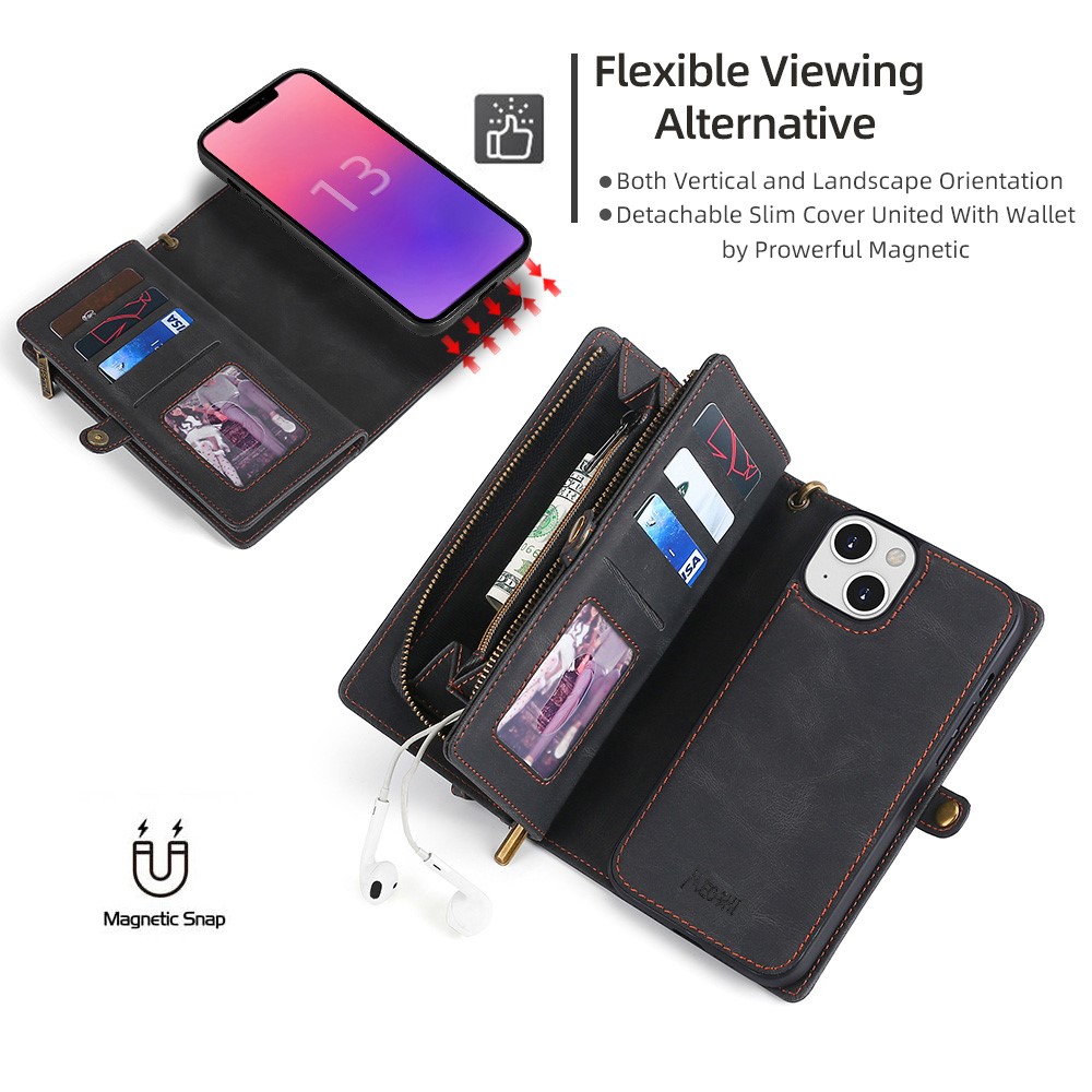 MEGSHI 017 Series Handy Strap All-round Protection Stylish Magnetic Absorption Zippered Wallet Detachable Leather Case for iPhone 13 mini 5.4 inch - Black-3