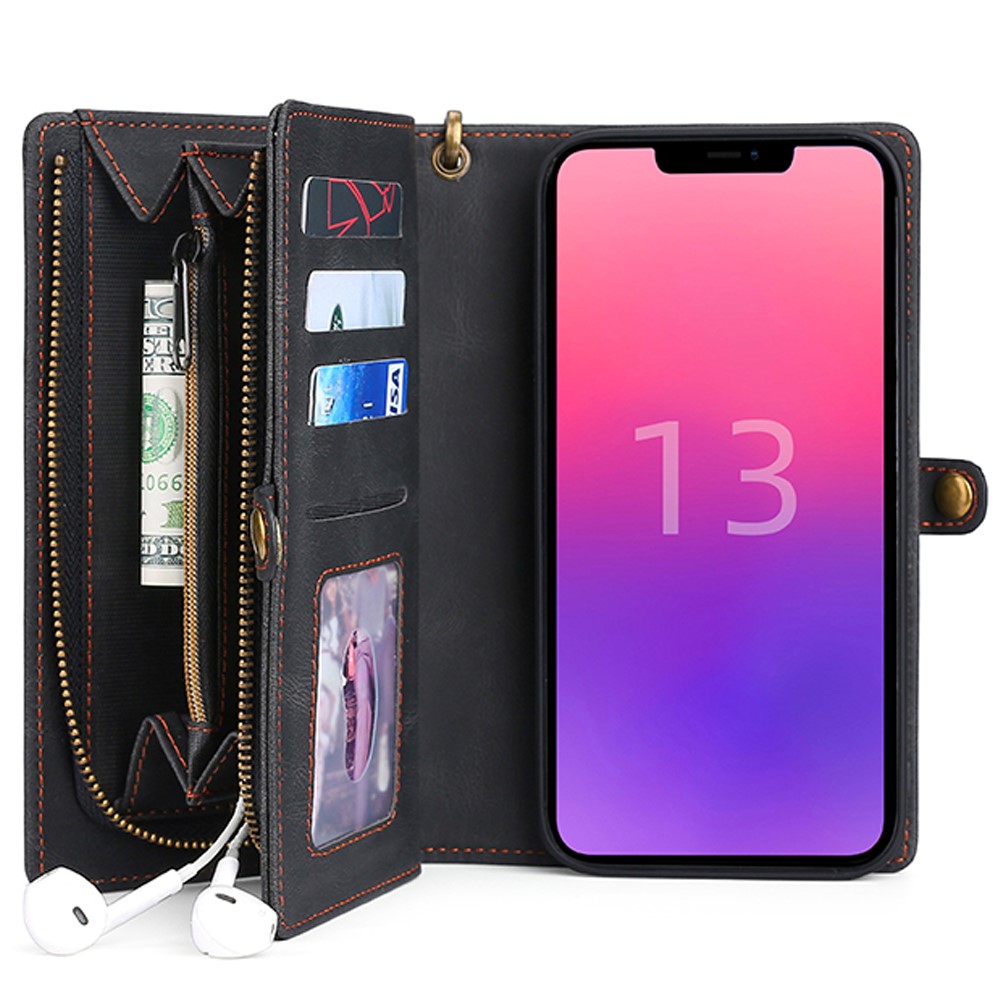 MEGSHI 017 Series Handy Strap All-round Protection Stylish Magnetic Absorption Zippered Wallet Detachable Leather Case for iPhone 13 mini 5.4 inch - Black-5