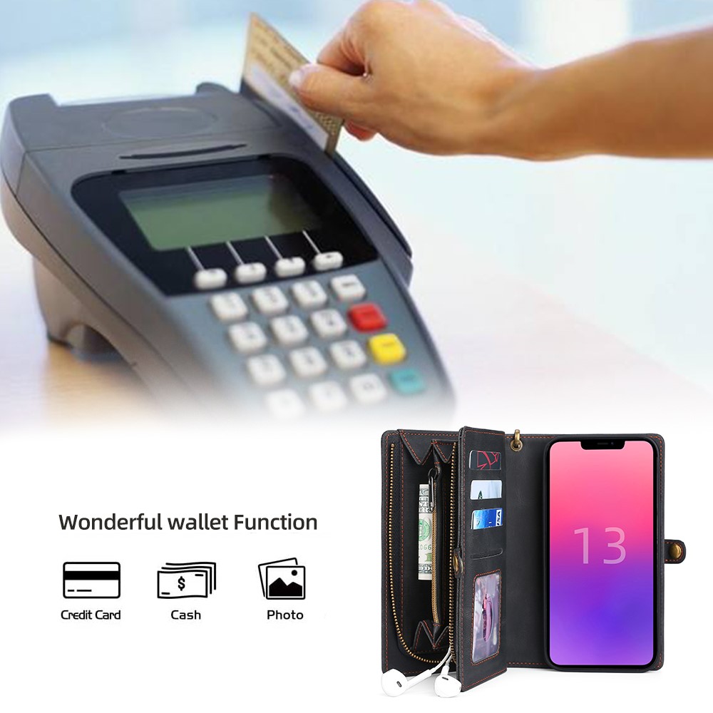 MEGSHI 017 Series Handy Strap All-round Protection Stylish Magnetic Absorption Zippered Wallet Detachable Leather Case for iPhone 13 mini 5.4 inch - Black-6