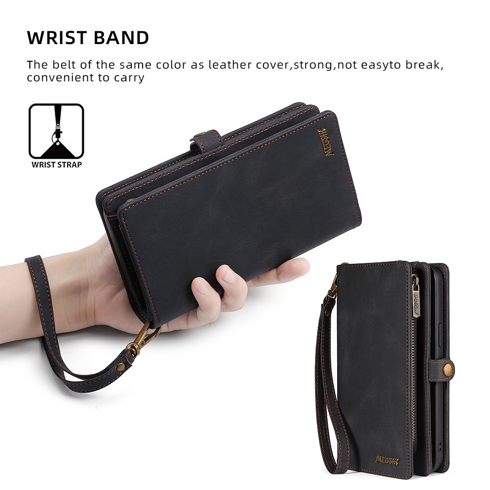 MEGSHI 017 Series Handy Strap All-round Protection Stylish Magnetic Absorption Zippered Wallet Detachable Leather Case for iPhone 13 mini 5.4 inch - Black-7