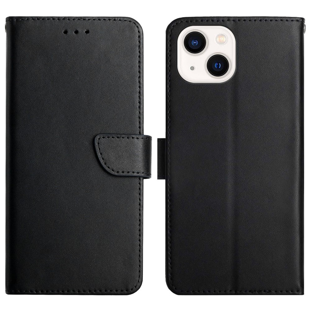 Solid Color Cover Nappa Texture Anti-fingerprint Anti-drop Wallet Stand Genuine Leather Phone Case for iPhone 13 6.1 inch - Black-1