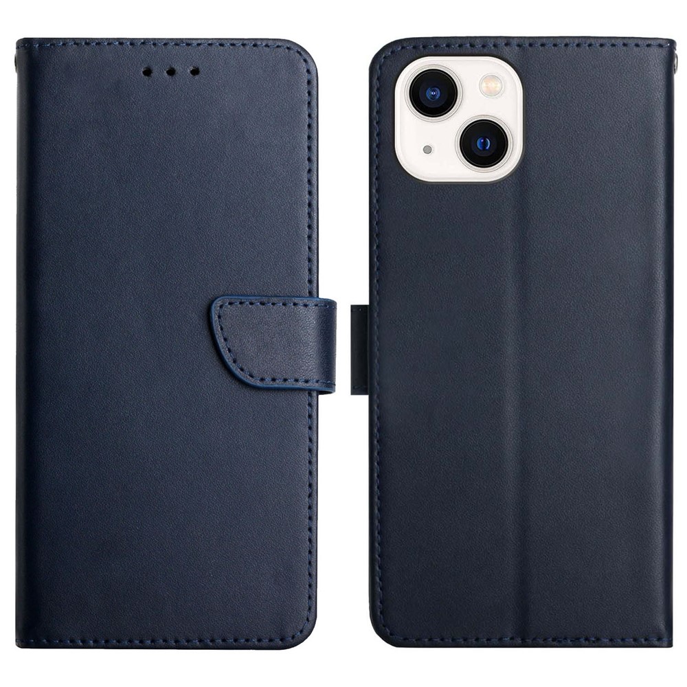 Nappa Texture Solid Color Case Wallet Well-protected Genuine Leather Phone Cover Shell with Stand for iPhone 13 mini 5.4 inch - Blue