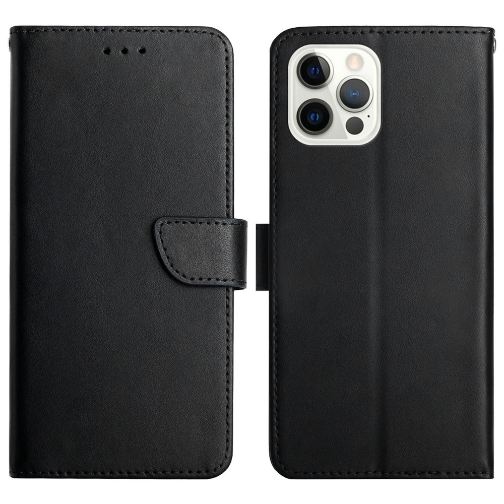 Nappa Texture Solid Color Cover Wallet Genuine Leather Phone Case Shell with Stand for iPhone 13 Pro 6.1 inch - Black-1