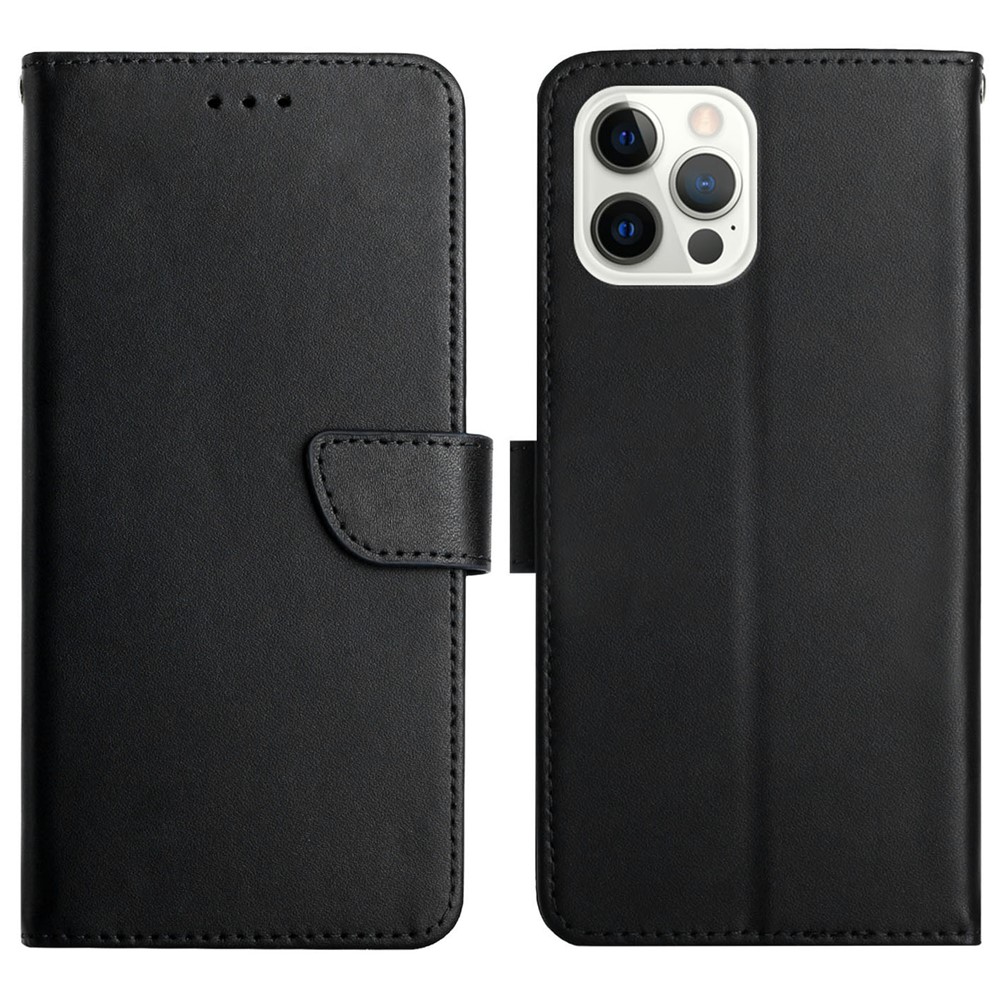 Nappa Texture Solid Color Case Wallet Design Genuine Leather Magnetic Closure Phone Shell with Stand for iPhone 13 Pro Max 6.7 inch - Black-1