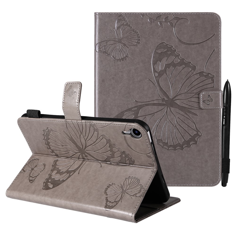 Butterfly Imprinted Magnetic Clasp Wallet Stand Design Anti-drop Leather Tablet Case for iPad mini (2021) - Grey-1