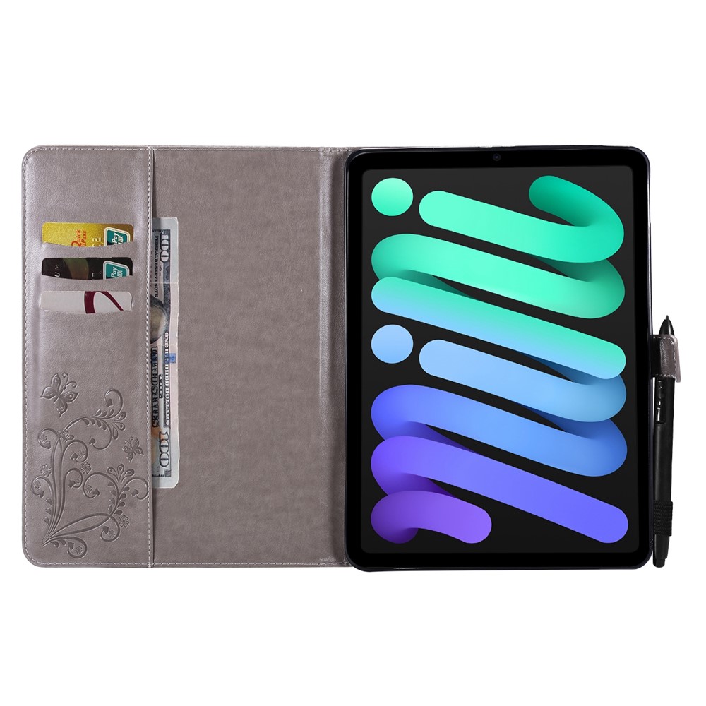 Butterfly Imprinted Magnetic Clasp Wallet Stand Design Anti-drop Leather Tablet Case for iPad mini (2021) - Grey-4