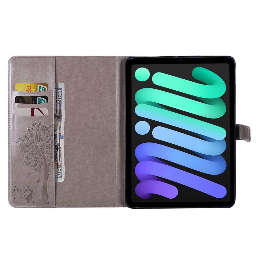 KT Tablet Series-5 Cat And Tree Case Case Case Magnetic Clasp Design Design Хорошо Защищенная Кожаная Крышка Для Ipad Mini (2021) - Серый