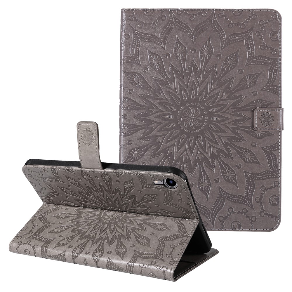 Sunflower Imprinted Magnetic Clasp Folio Flip Wallet Stand Design Leather Tablet Case Cover for iPad mini (2021) - Grey-1