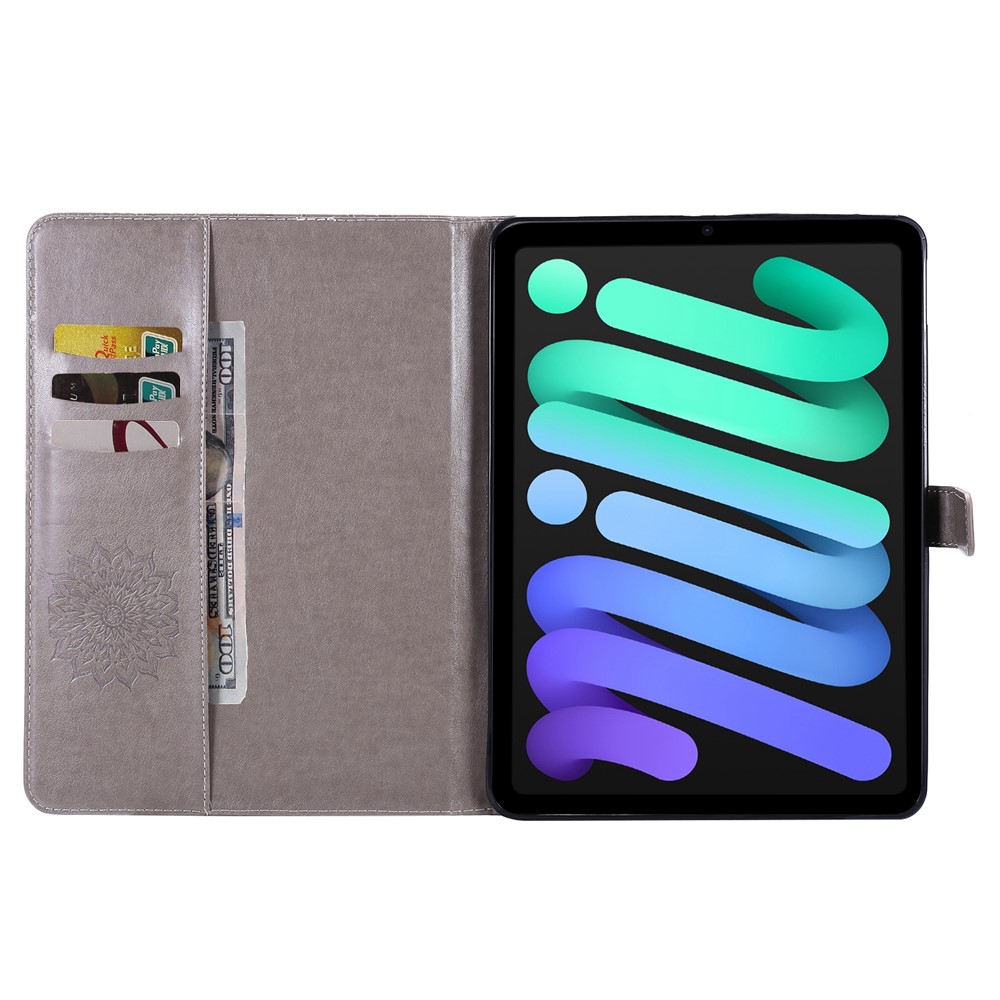 Sunflower Imprinted Magnetic Clasp Folio Flip Wallet Stand Design Leather Tablet Case Cover for iPad mini (2021) - Grey-4
