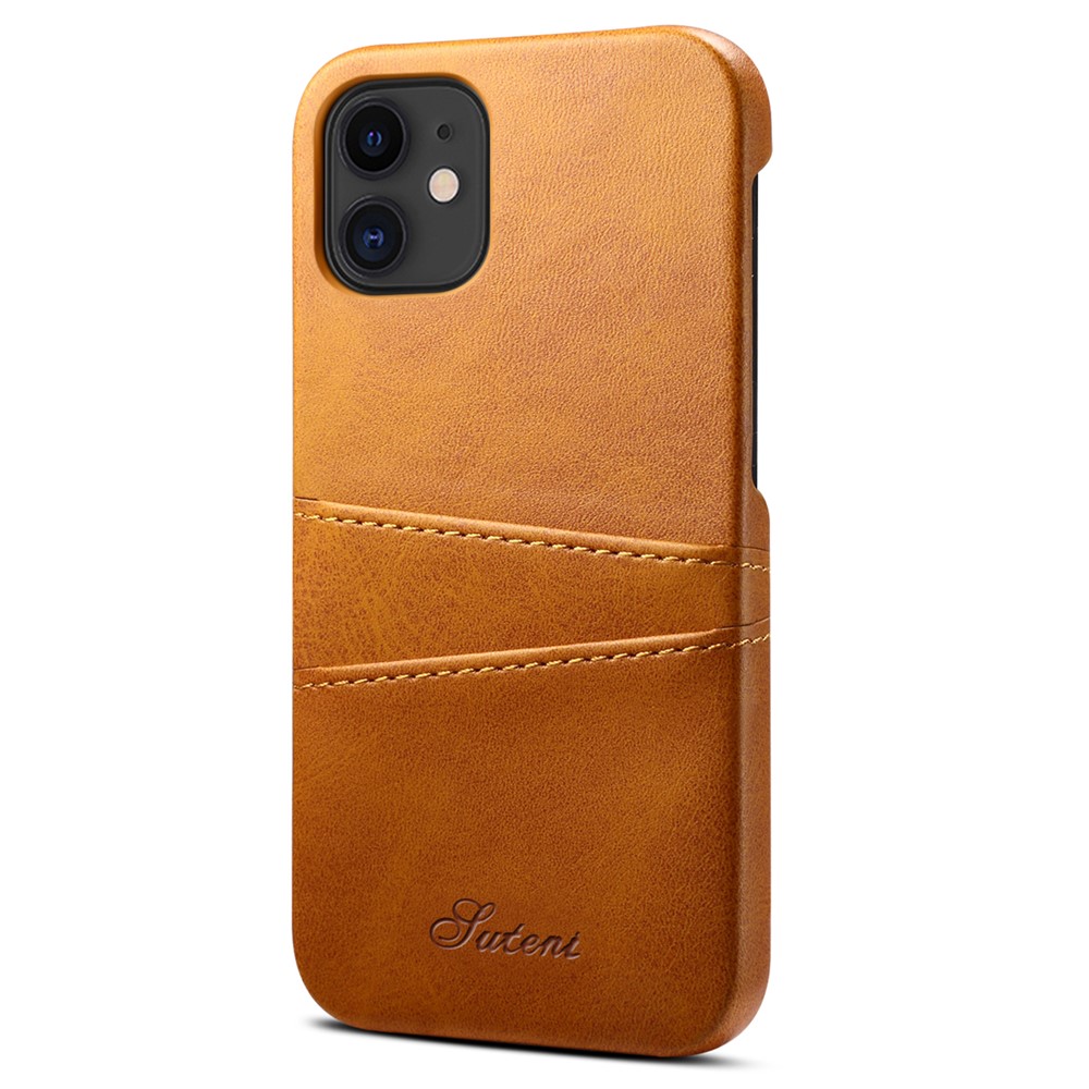 SUTENI 015 Series Solid Color Scratch-resistant PU Leather Coated PC Back Case with Card Holders for iPhone 12/12 Pro 6.1 inch - Khaki-1