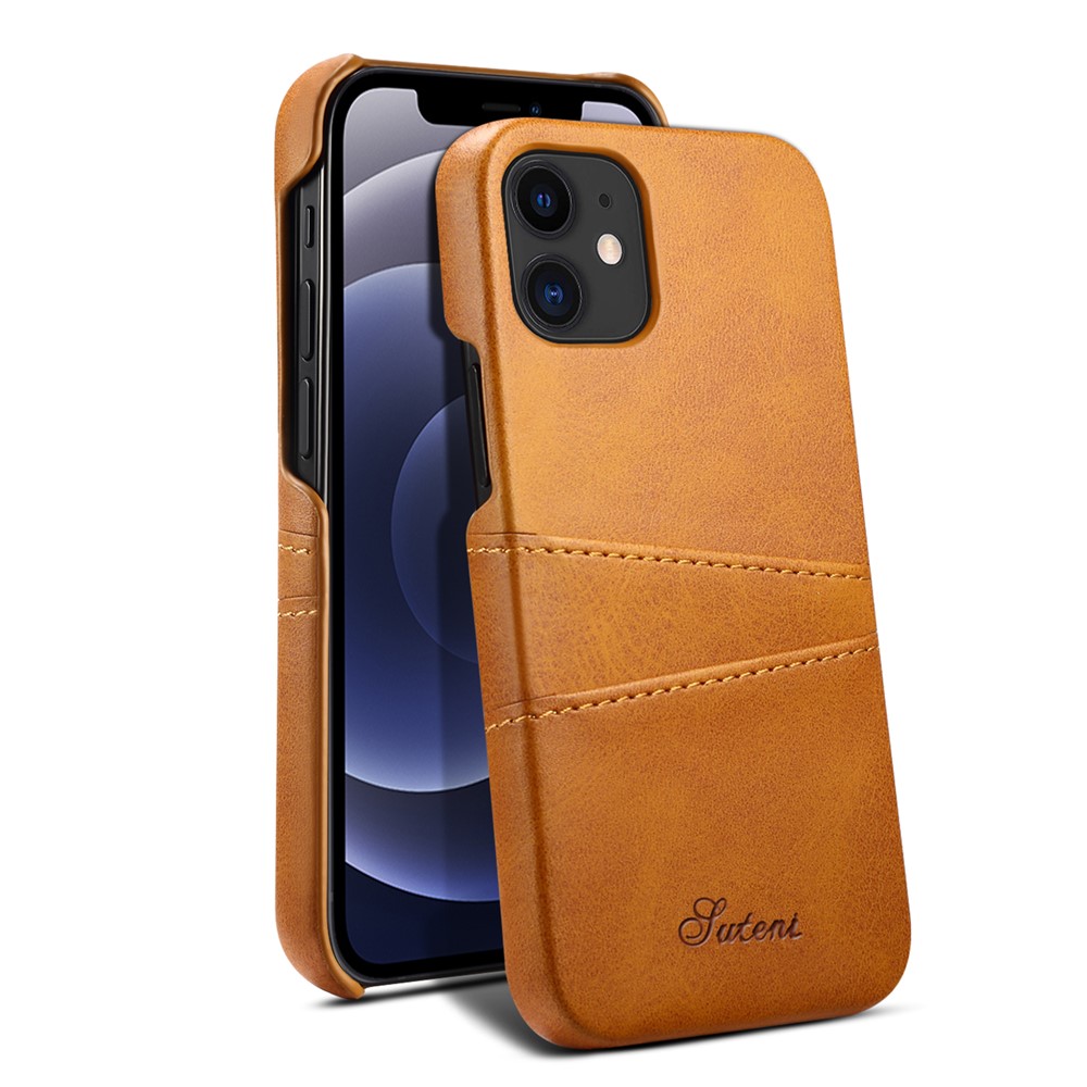 SUTENI 015 Series Solid Color Scratch-resistant PU Leather Coated PC Back Case with Card Holders for iPhone 12/12 Pro 6.1 inch - Khaki-2