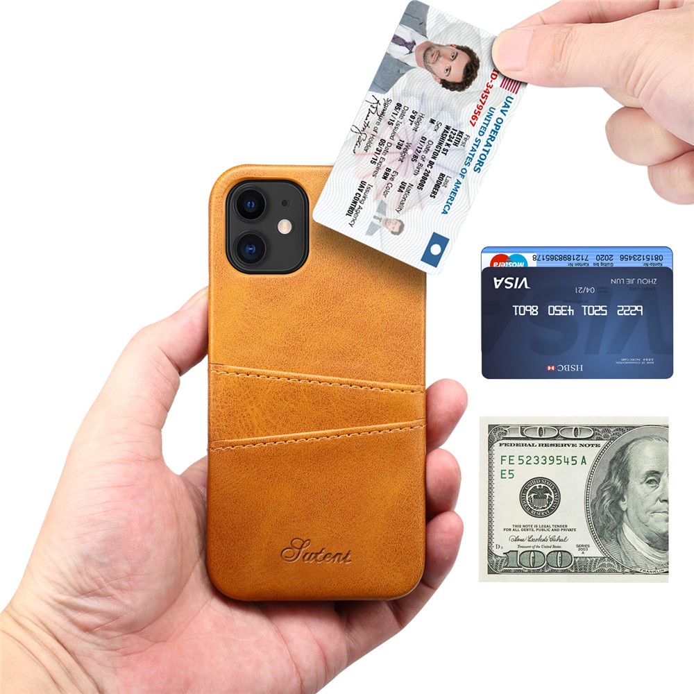 SUTENI 015 Series Solid Color Scratch-resistant PU Leather Coated PC Back Case with Card Holders for iPhone 12/12 Pro 6.1 inch - Khaki-3