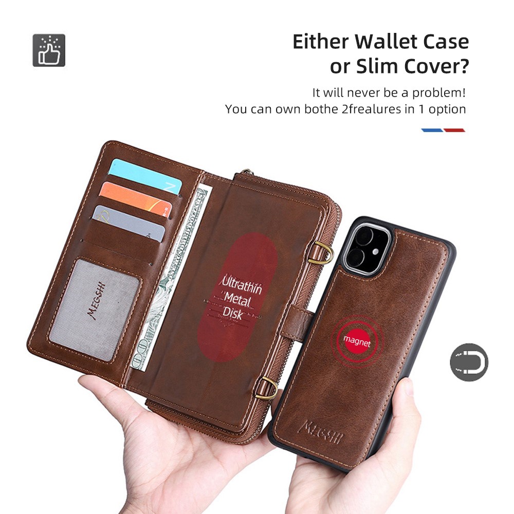 MEGSHI 020 Series Flip Cover Magnetic Detachable Design Shockproof PU Leather and TPU Wallet Case with Long Shoulder for iPhone 11 6.1 inch - Brown-4