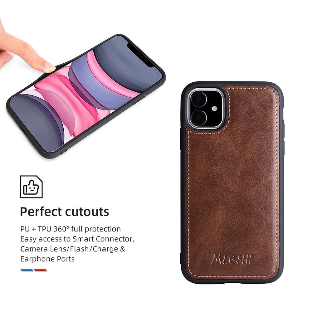 MEGSHI 020 Series Flip Cover Magnetic Detachable Design Shockproof PU Leather and TPU Wallet Case with Long Shoulder for iPhone 11 6.1 inch - Brown-6