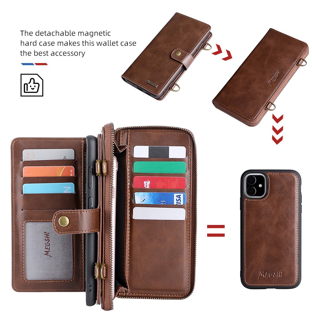 MEGSHI 020 Series Flip Cover Magnetic Detachable Design Shockproof PU Leather and TPU Wallet Case with Long Shoulder for iPhone 11 6.1 inch - Brown-7